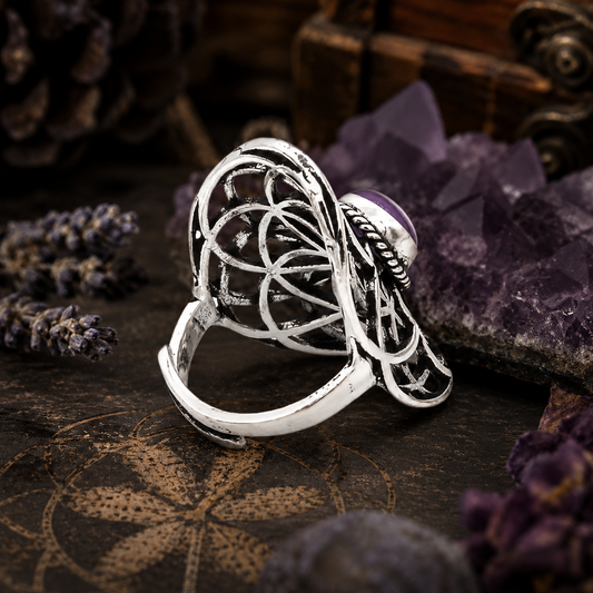 Bague Graine de Vie avec Améthyste – Laiton couleur argent
