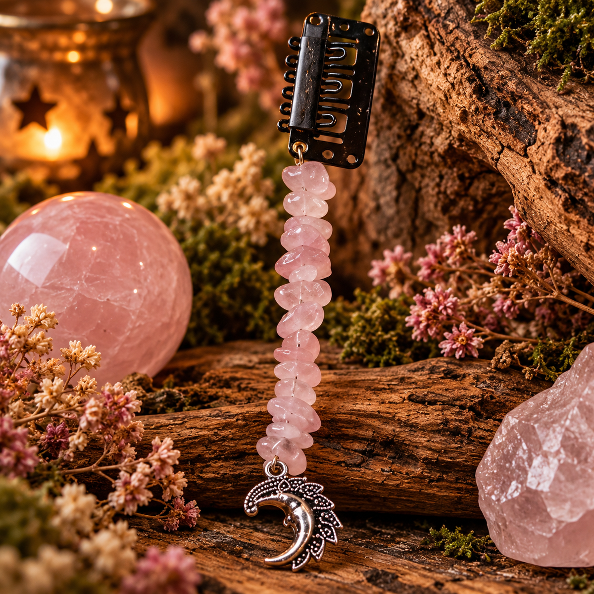 Bijou de cheveux Lune Enchantée en Quartz Rose