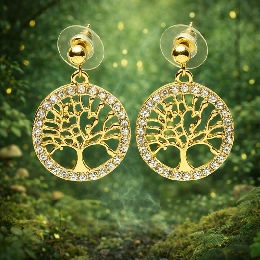 Boucles d'oreilles "Arbre de Vie" dorées et strass