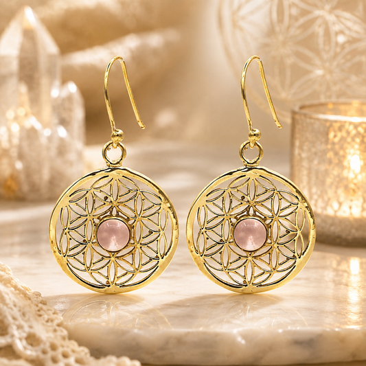 Boucles d'oreilles Fleur de Vie, avec Cristal de Roche
