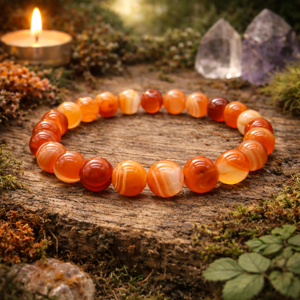 Bracelet en Cornaline rubanée 8mm (Fertilité, Estime de soi, Confiance, Créativité, Améliore la circulation du sang, Passion)