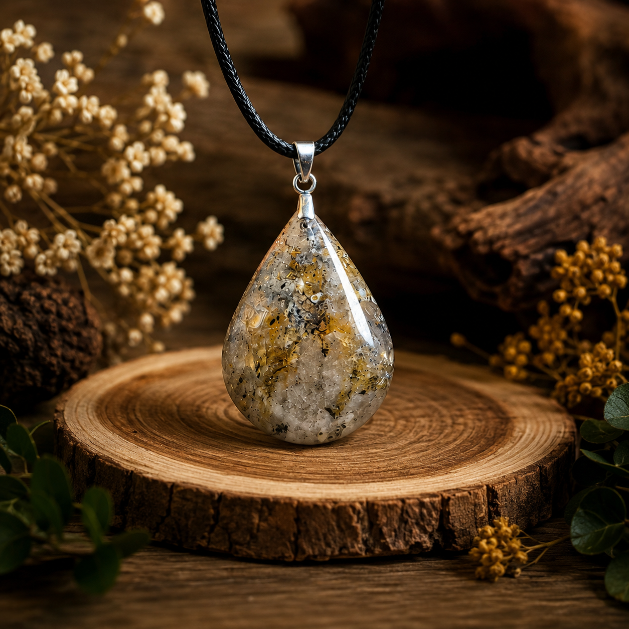 Pendentif goutte en Agate Fleur (Épanouissement, Confiance, Apaisement, Renouveau, Harmonie, Motivation, Equilibre)