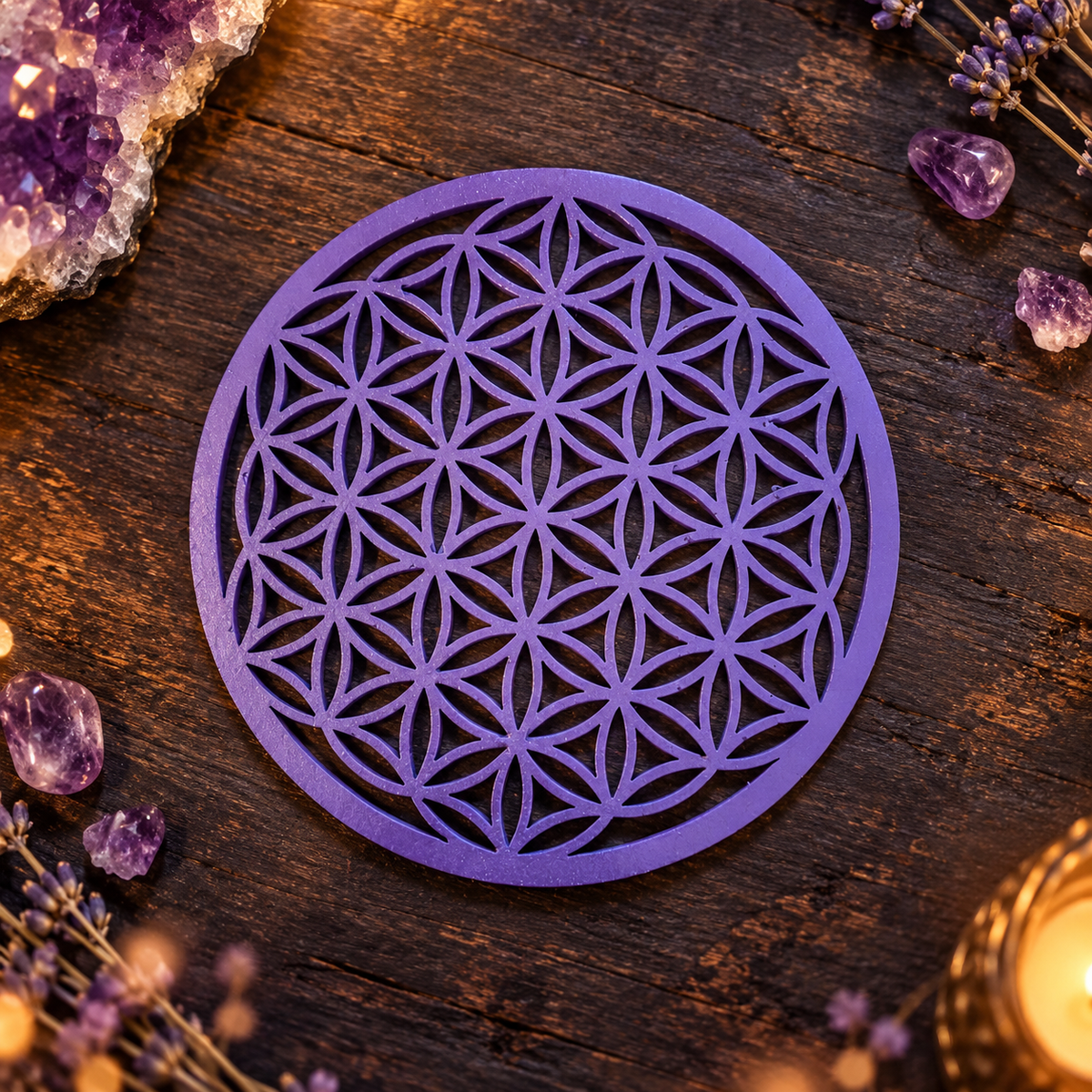 Plaque "Fleur de Vie" en bois - 10cm - Violet