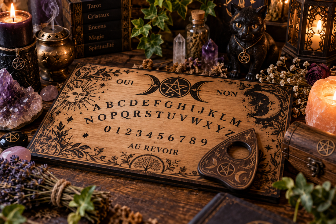 Planche Ouija ésotérique avec planchette, alphabet et symboles spirituels