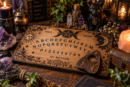 Planche Ouija ésotérique avec planchette, alphabet et symboles spirituels