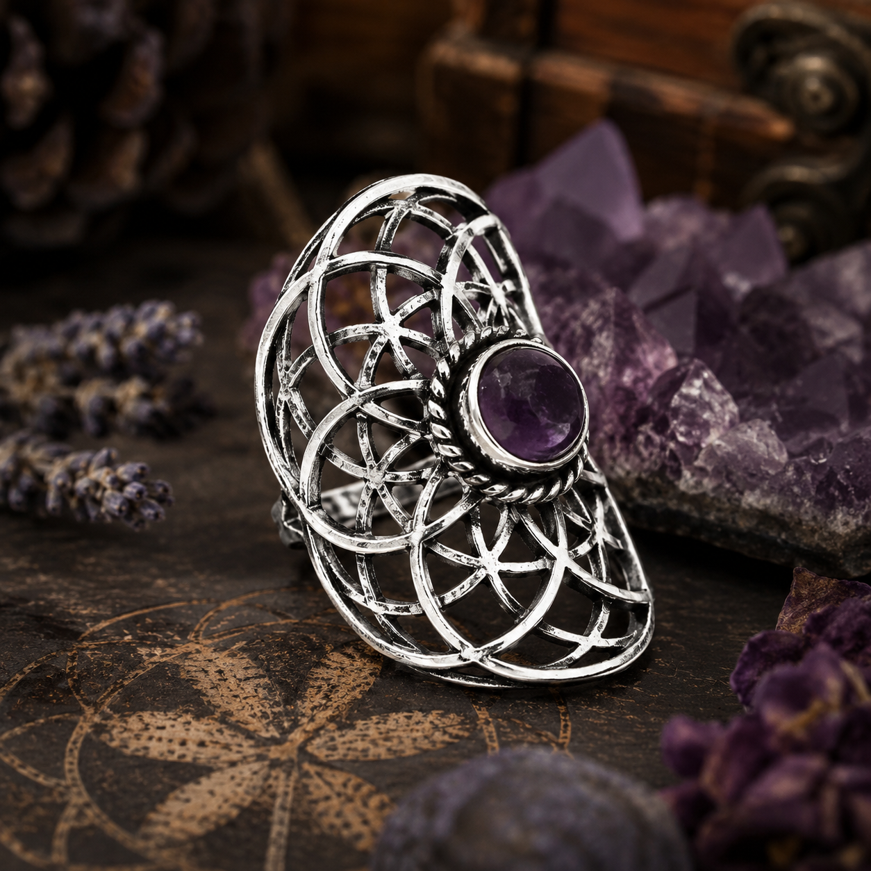 Bague Graine de Vie avec Améthyste – Laiton couleur argent