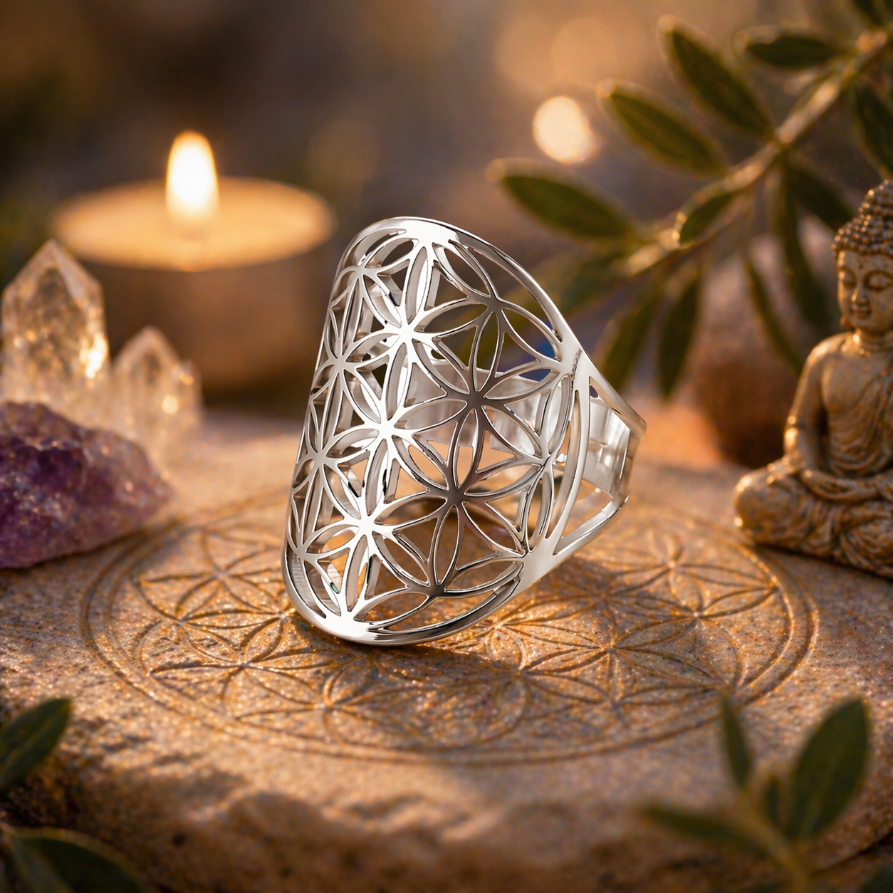 Bague réglable Fleur de vie - Argenté