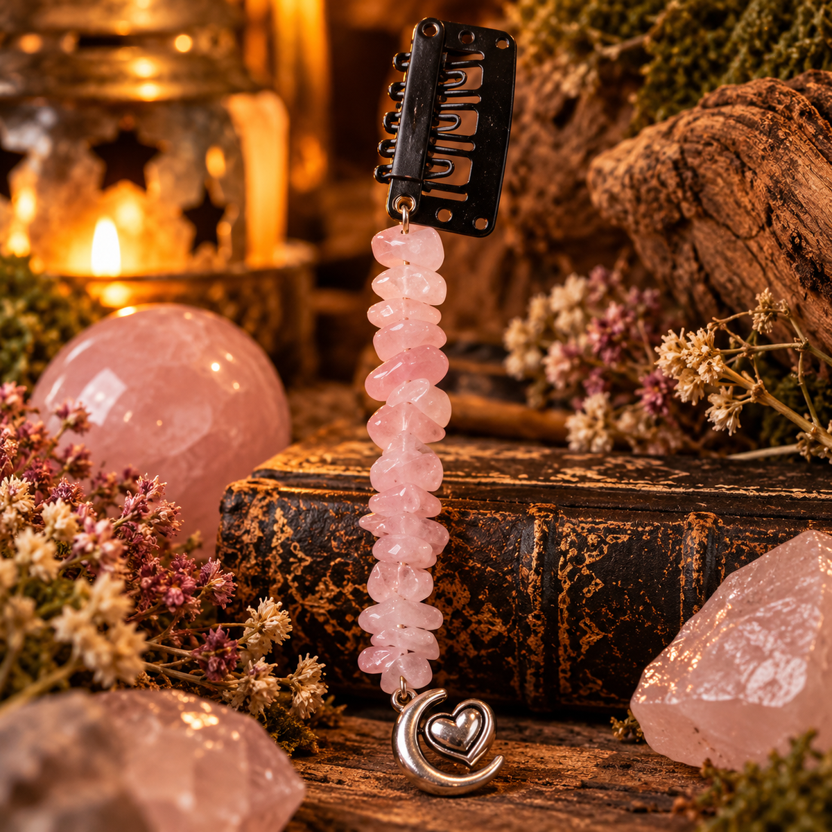 Bijou de cheveux Cœur de Lune en Quartz Rose
