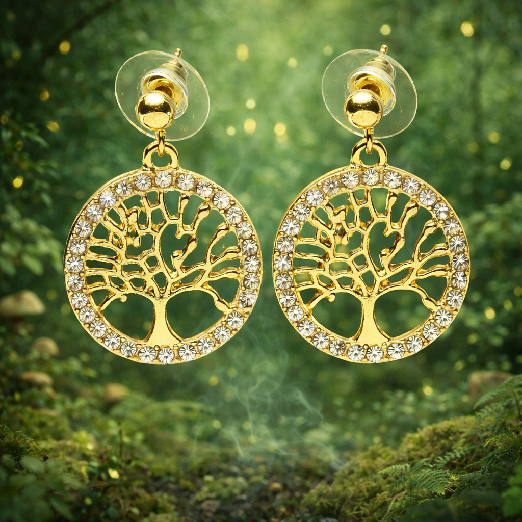 Boucles d'oreilles "Arbre de Vie" dorées et strass