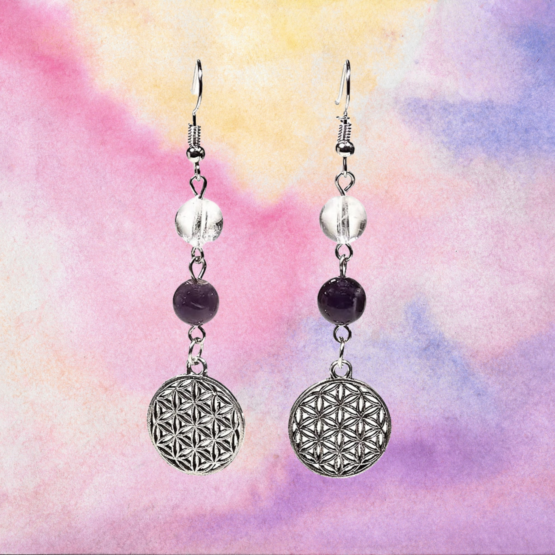 Boucles d'oreilles "Fleur de Vie", avec Cristal de roche et Améthyste