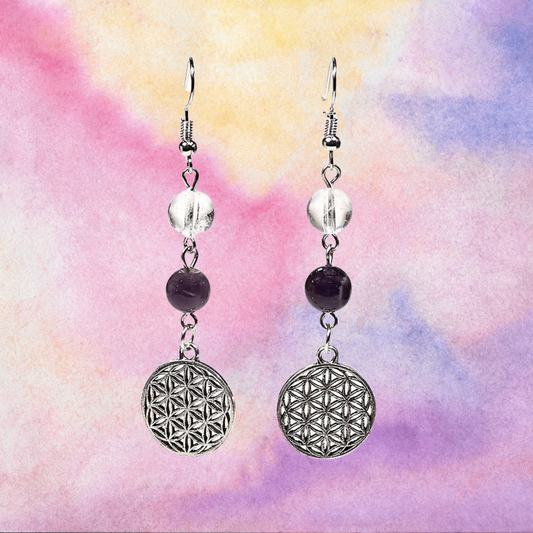Boucles d'oreilles "Fleur de Vie", avec Cristal de roche et Améthyste