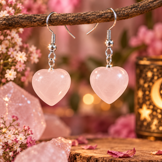 Boucles d'oreilles Cœur Quartz Rose 4cm