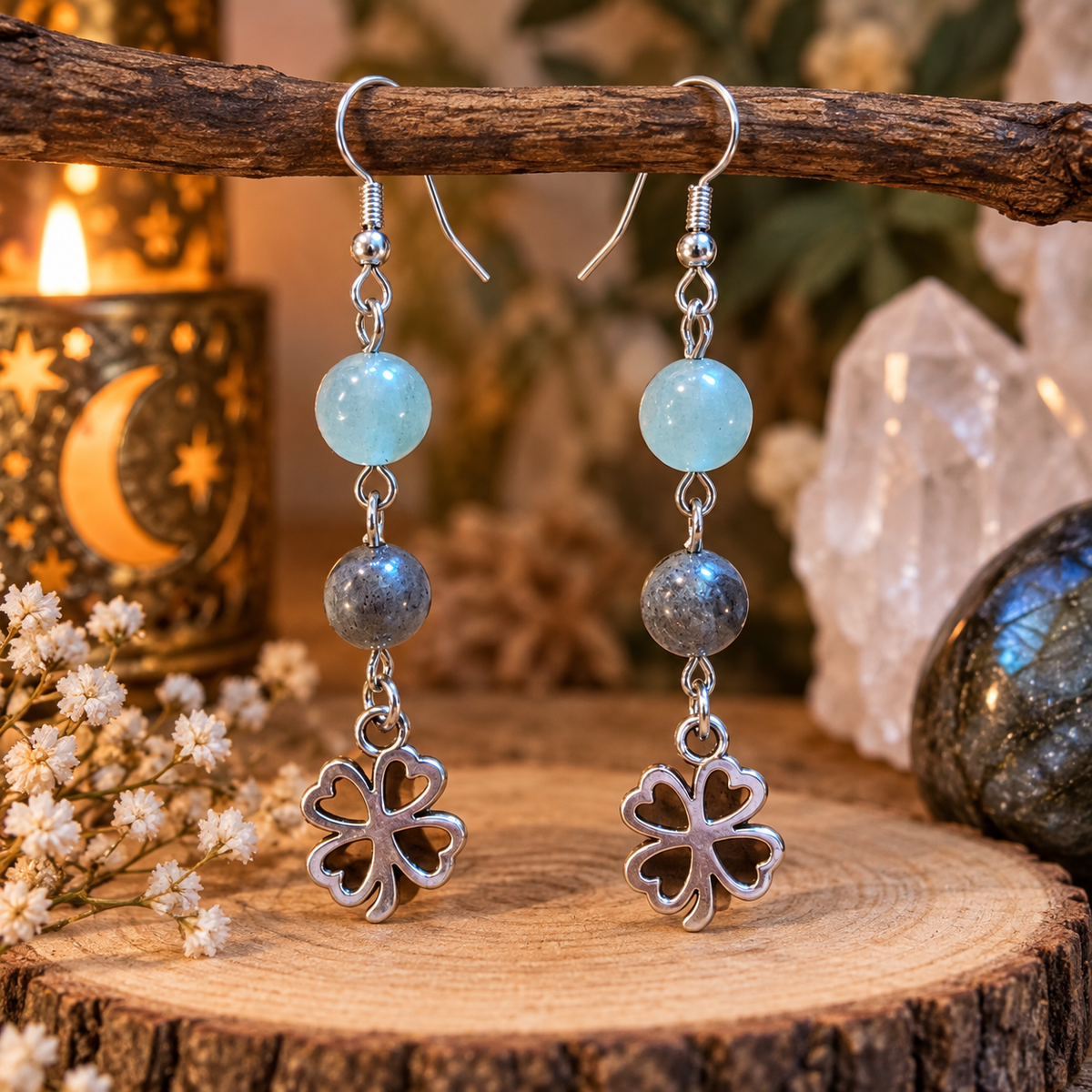 Boucles d’oreilles motif Trèfle, en Aventurine Verte et Labradorite