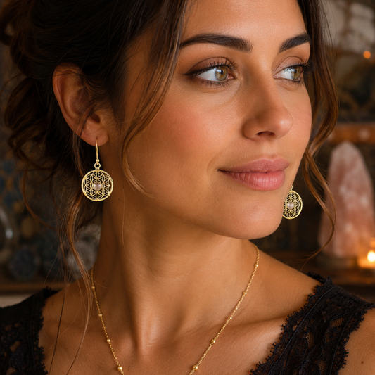 Boucles d'oreilles Fleur de Vie, avec Cristal de Roche
