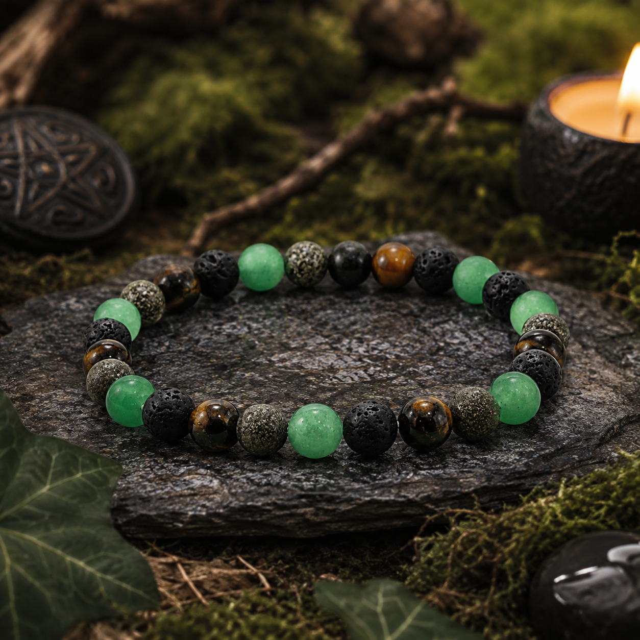 Bracelet “Bouclier d’Abondance”, en Quartz Vert, Pierre de Lave, Œil de Tigre et Pyrite - Large (Apaisement émotionnel, Protection, Confiance en soi, Abondance, Prospérité, Ancrage, Stabilité, Force intérieure)