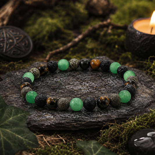 Bracelet “Bouclier d’Abondance”, en Quartz Vert, Pierre de Lave, Œil de Tigre et Pyrite - Large (Apaisement émotionnel, Protection, Confiance en soi, Abondance, Prospérité, Ancrage, Stabilité, Force intérieure)