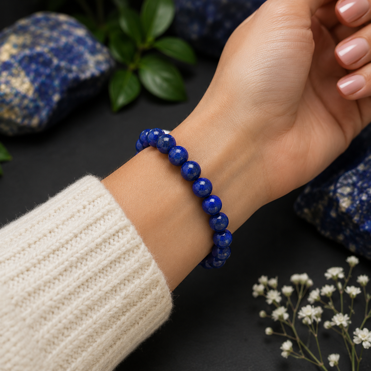 Bracelet en Lapis Lazuli 8mm (Stress, Migraines, Insomnie, Colère, Confiance en soi, Maux de ventre)