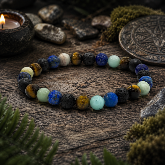 Bracelet “Œil du Gardien” en Lapis-Lazuli, Pierre de Lave, Œil de Tigre et Amazonite - Large (Protection, Communication, Force intérieure, Apaisement, Intuition)