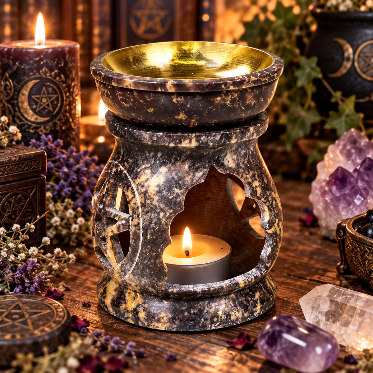 Brûle-parfum Pentacle en Stéatite, avec coupelle en Laiton