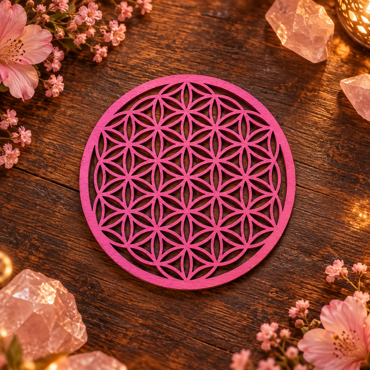 Plaque "Fleur de Vie" en bois - 10cm - Rose