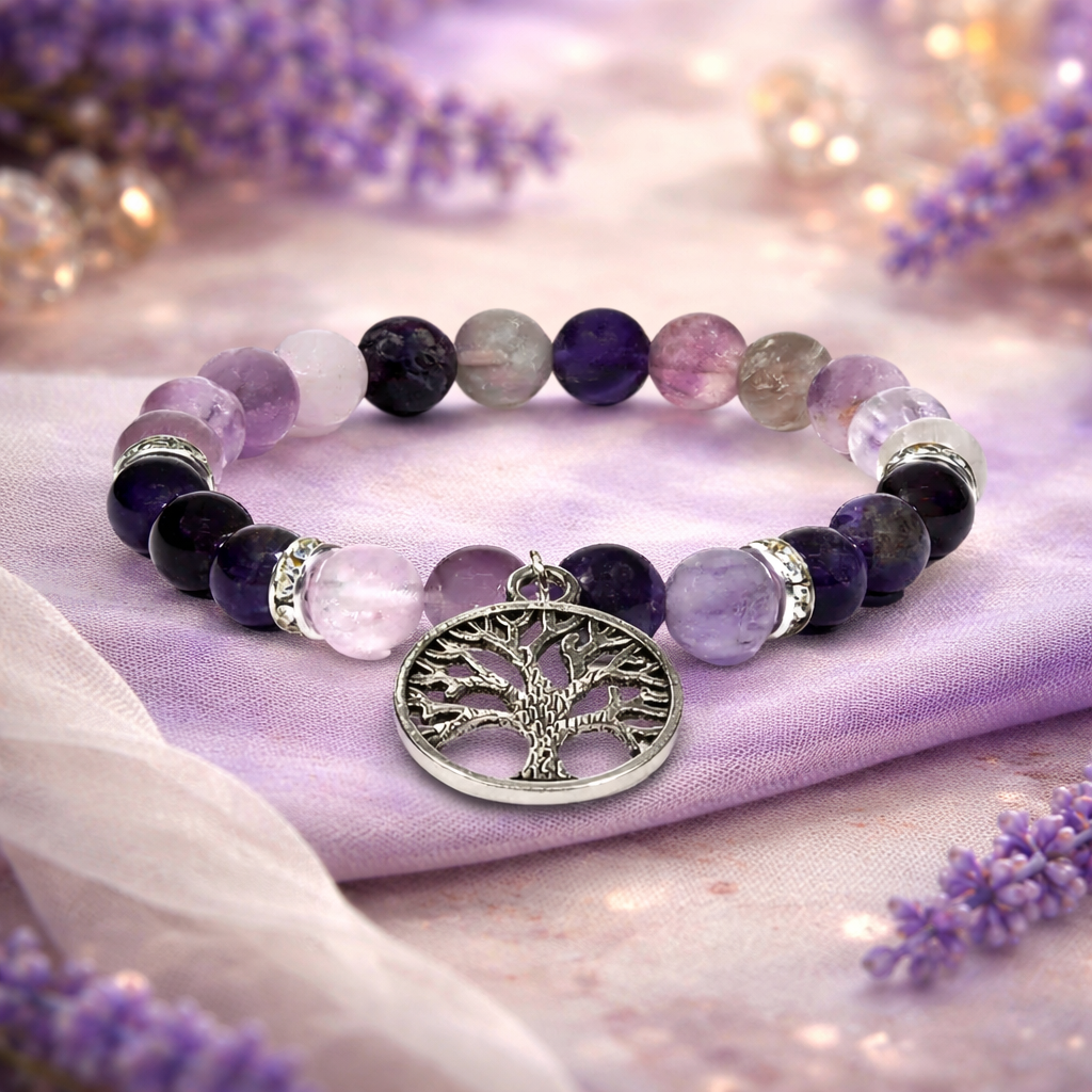 Bracelet en Améthyste et Fluorite, avec pendentif Arbre de Vie (Sérénité, Intuition, Protection, Clarté, Equilibre, Harmonie)