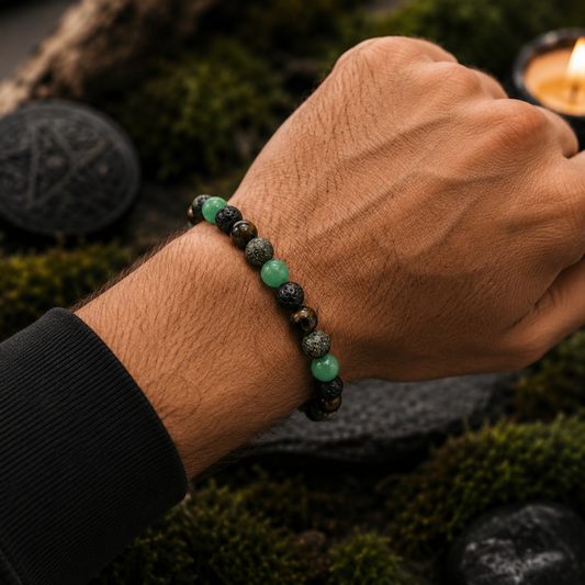 Bracelet “Bouclier d’Abondance”, en Quartz Vert, Pierre de Lave, Œil de Tigre et Pyrite - Large (Apaisement émotionnel, Protection, Confiance en soi, Abondance, Prospérité, Ancrage, Stabilité, Force intérieure)