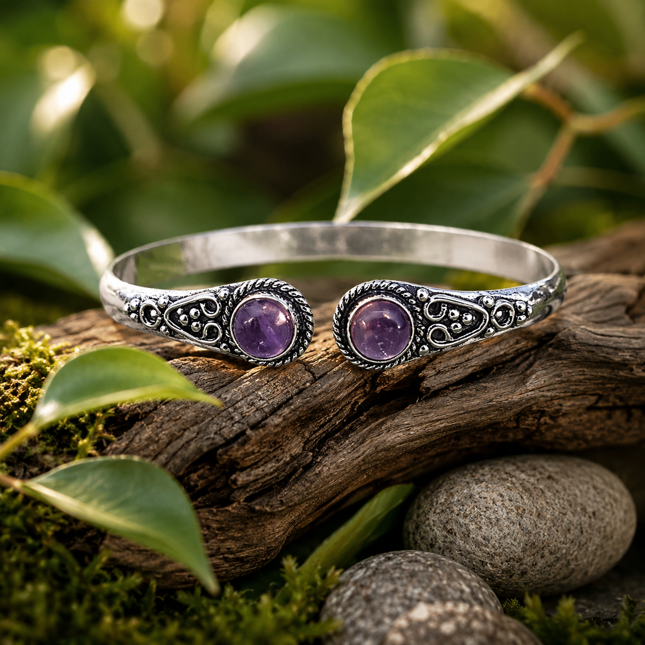 Bracelet métallisé avec Améthyste (Apaisement, Soin, Calme, Amour, Emotions)