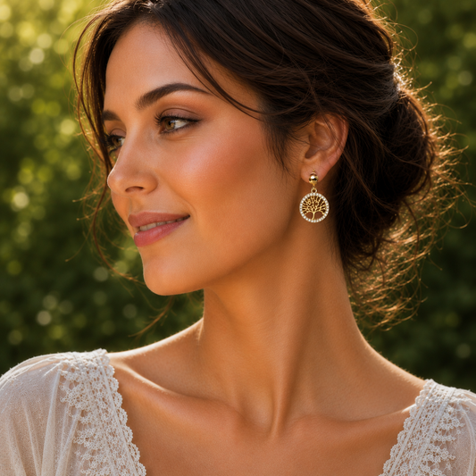 Boucles d'oreilles "Arbre de Vie" dorées et strass