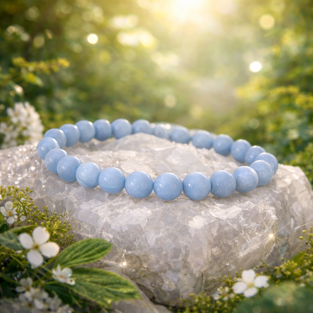 Bracelet en Angélite (Apaisement, Ouverture, Discernement)