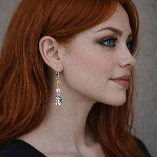 Boucles d'oreilles Bouddha, avec Citrine et Cristal de Roche