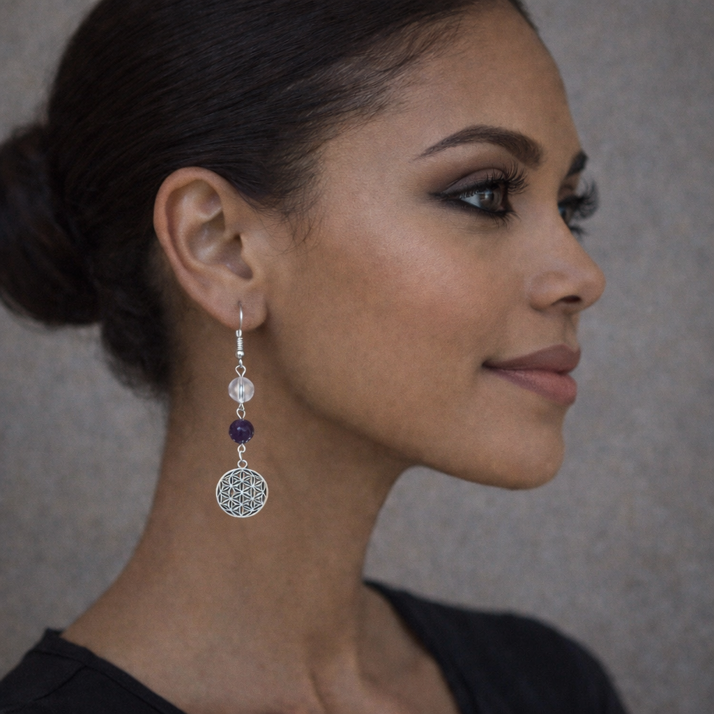 Boucles d'oreilles "Fleur de Vie", avec Cristal de roche et Améthyste