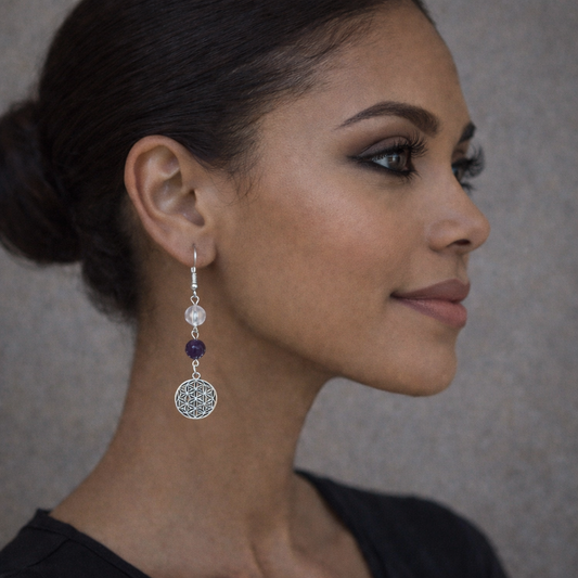 Boucles d'oreilles "Fleur de Vie", avec Cristal de roche et Améthyste