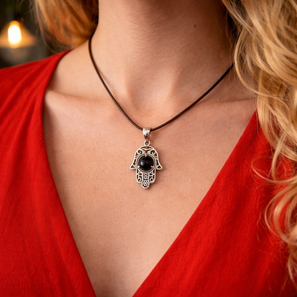 Pendentif Main de Fatima en Obsidienne