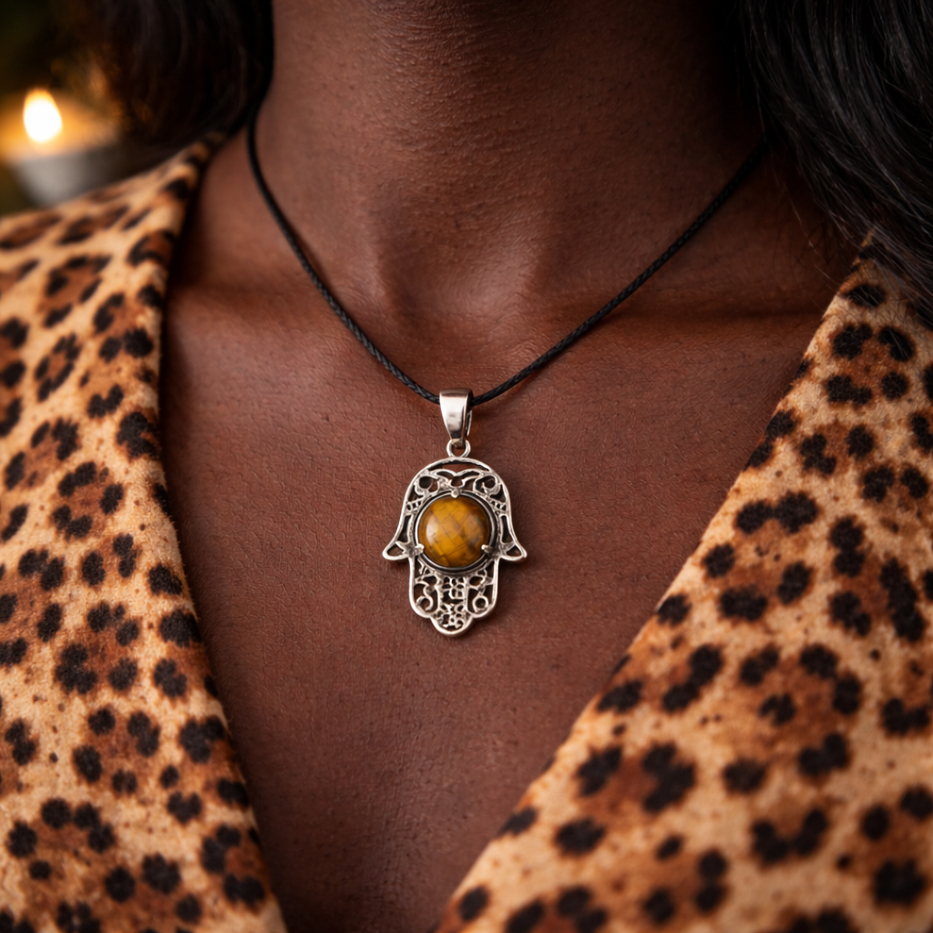 Pendentif Main de Fatima en Œil de Tigre