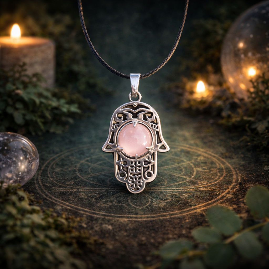 Pendentif Main de Fatima en Quartz Rose