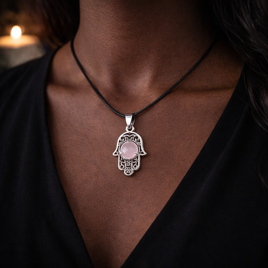 Pendentif Main de Fatima en Quartz Rose