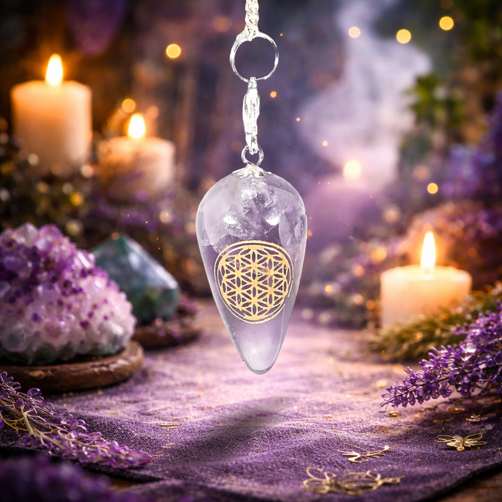 Pendule goutte en Améthyste, avec Fleur de Vie
