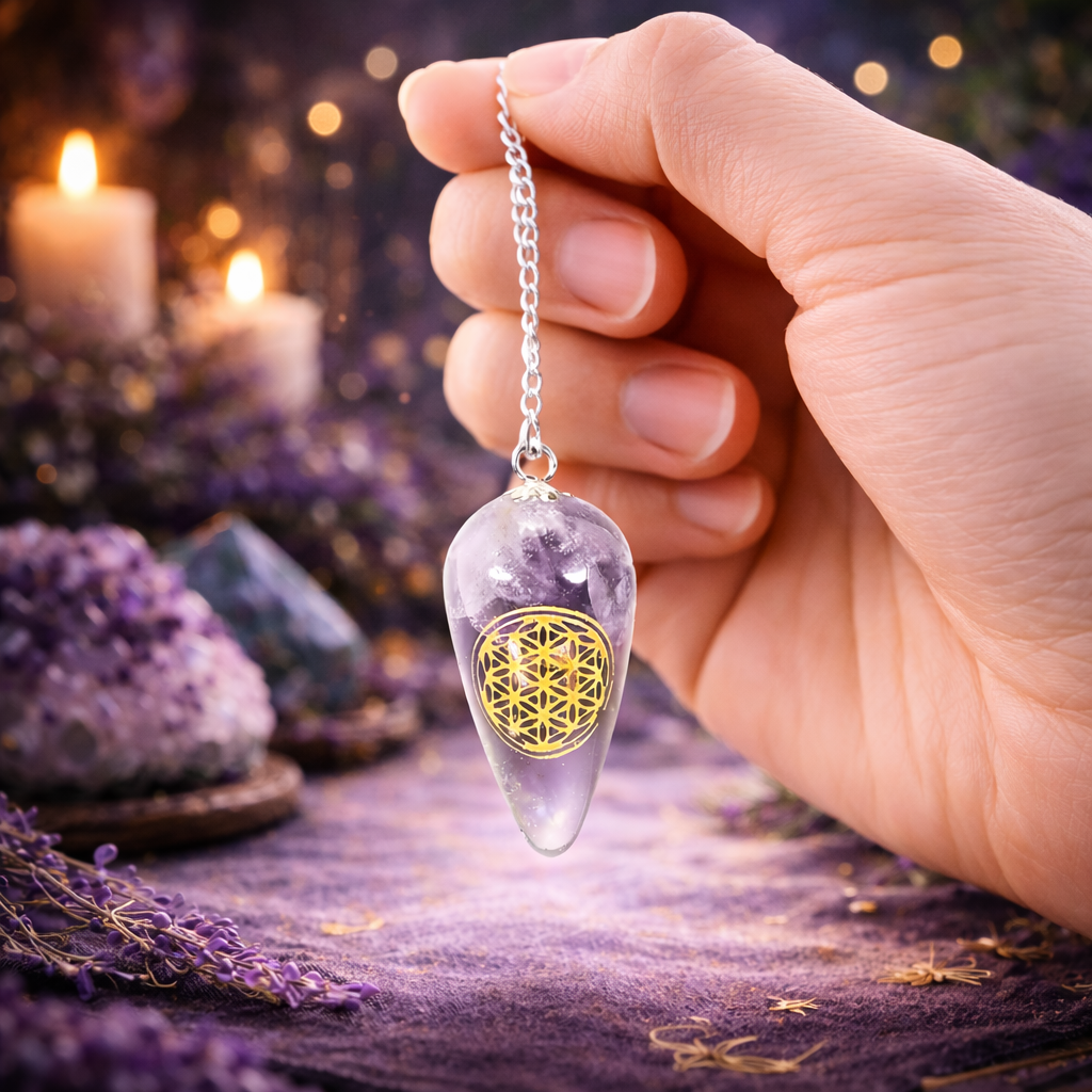 Pendule goutte en Améthyste, avec Fleur de Vie