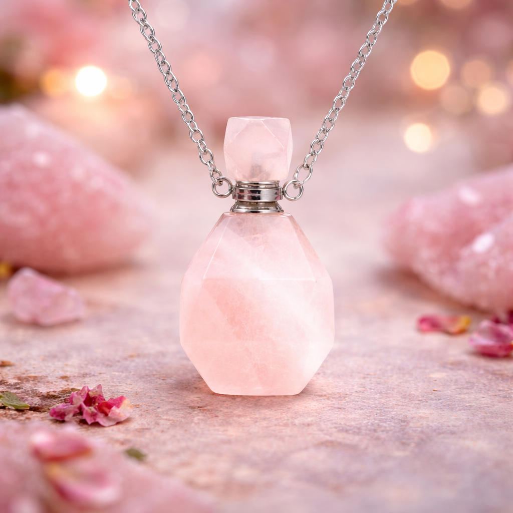 Collier Fiole en Quartz Rose