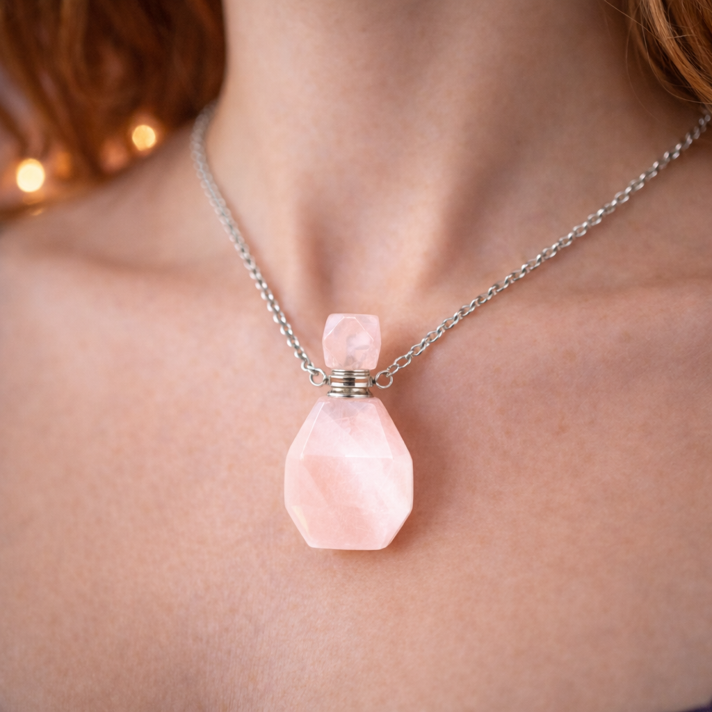 Collier Fiole en Quartz Rose