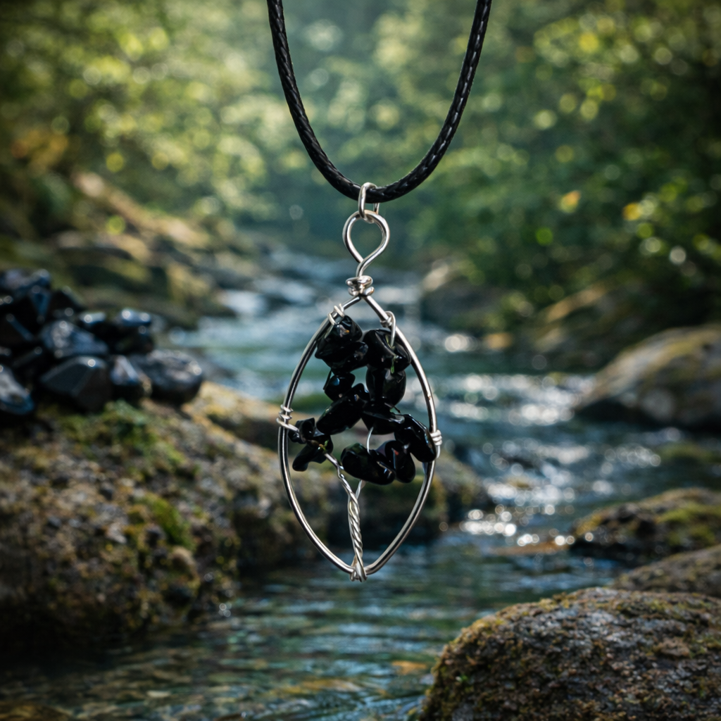 Collier Arbre de Vie, avec chips d'Obsidienne
