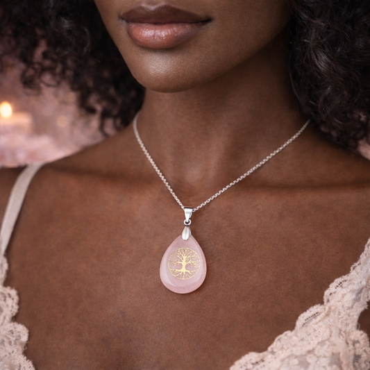 Collier Arbre de Vie Goutte - Quartz Rose