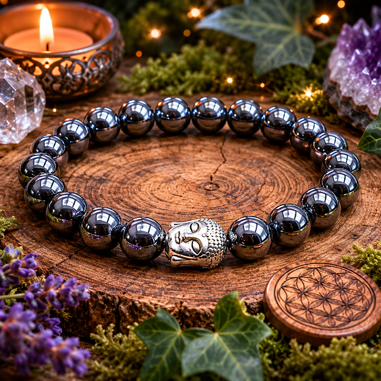 Bracelet Bouddha en Hématite (Protection, Ancrage, Apaisement)