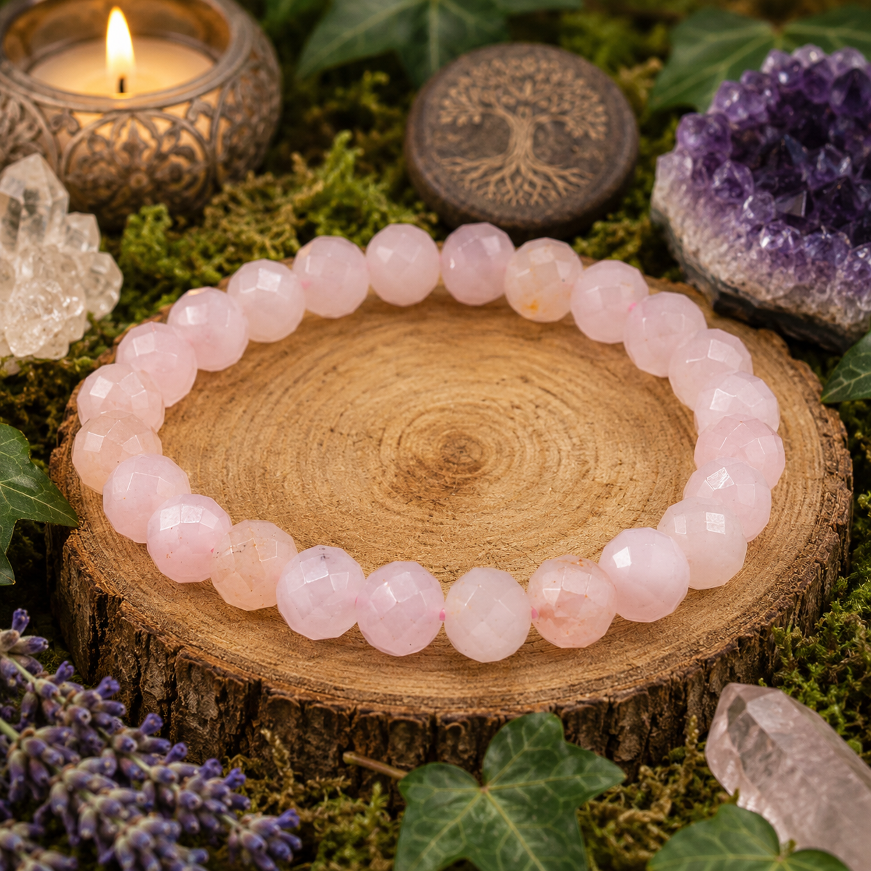 Bracelet en Quartz Rose facetté (Amour, Douceur, Troubles endocriniens)