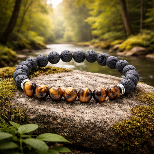 Bracelet en Œil de Tigre et Pierre de Lave - Large (Protection contre le mauvais œil et les intentions négatives, Apaisement, Contre l'anxiété, Soulagement des tensions, Harmonie, Vitalité)