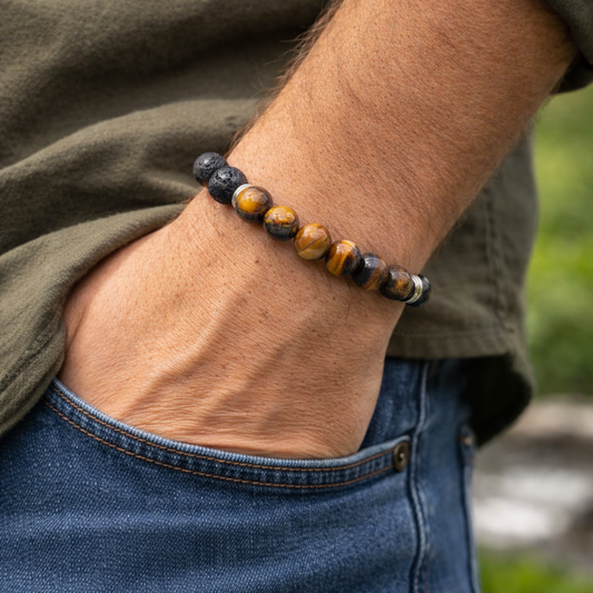 Bracelet en Œil de Tigre et Pierre de Lave - Large (Protection contre le mauvais œil et les intentions négatives, Apaisement, Contre l'anxiété, Soulagement des tensions, Harmonie, Vitalité)