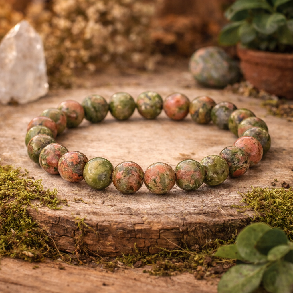 Bracelet en Unakite (Blocages, Prise de recul, Douceur, Tendresse, Amour, Problèmes intestinaux, Grossesse)