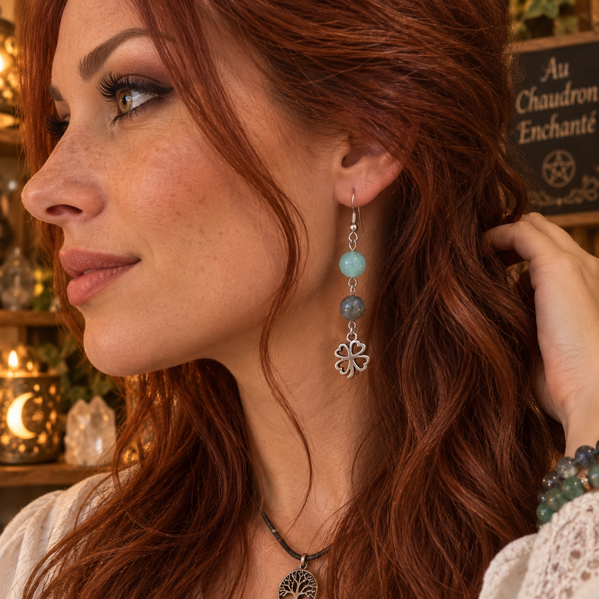 Boucles d’oreilles motif Trèfle, en Aventurine Verte et Labradorite