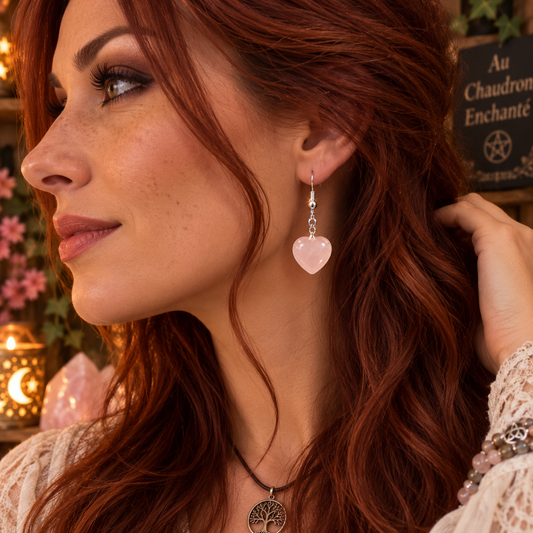 Boucles d'oreilles Cœur Quartz Rose 4cm