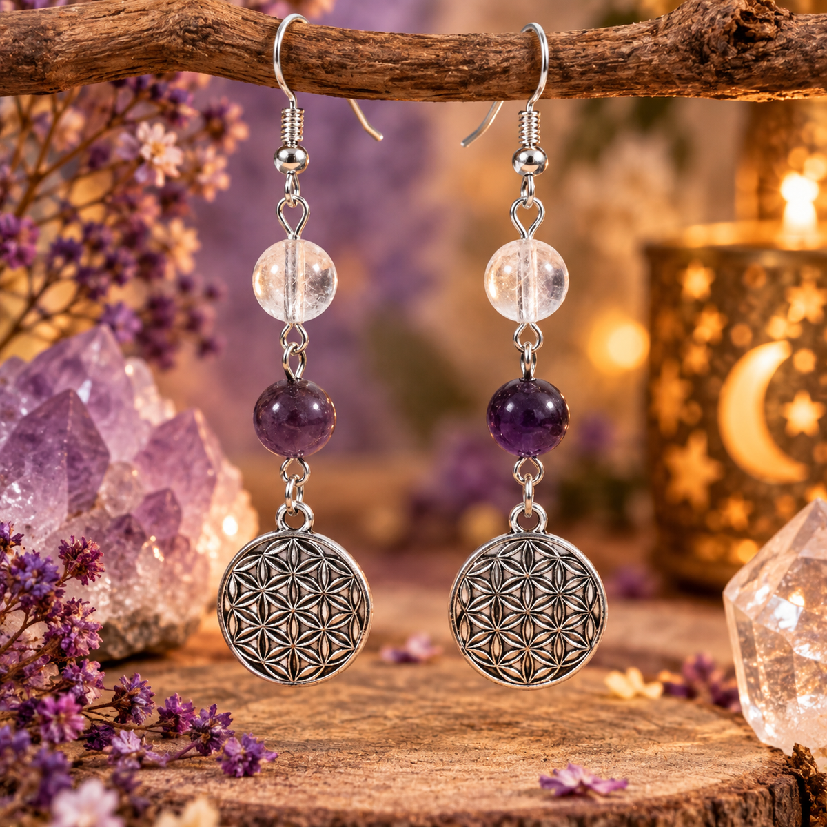 Boucles d'oreilles "Fleur de Vie", avec Cristal de roche et Améthyste